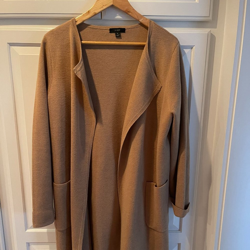 J.Crew Juliette Collarless Cardigan Sweater Blazer Linen Blend Duster Tan - M